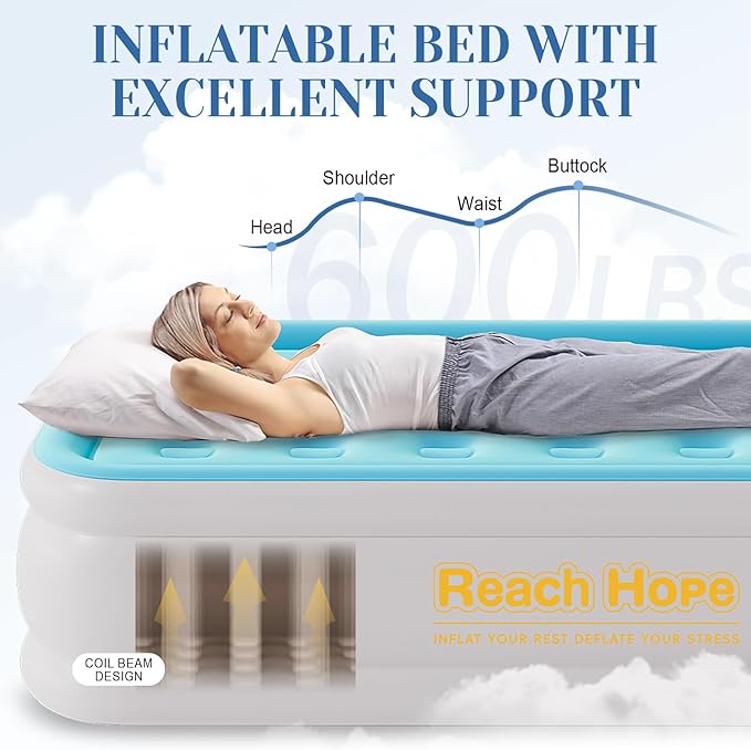 Air Mattress Twin with Built in Pump, 18" Height Foldable Blow Up Air Bed, Comfort Self Inflatable Mattress Single Bed for Home, Travel, Camping & Guests (18" Twin, Blue)