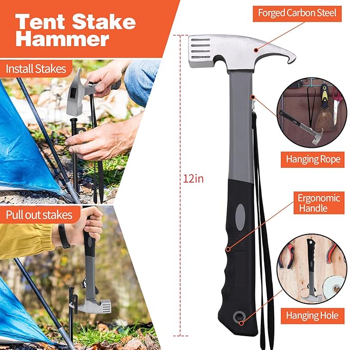 16pcs Tent Stakes and Hammer Set, 10in Heavy Duty Forged Steel Tent Stakes + Camping Hammer + Storage Pouch, Available in Rocky Place (16pcs 10in Stakes+Hammer)