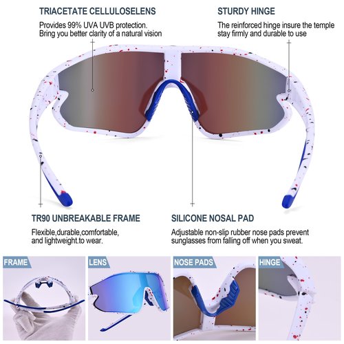 GLARDEFE Kids Baseball Sunglasses - Youth Baseball Sunglasses for Boys Girls - Sports Softball Shades Age 6-14(White/Blue Mirror + Red/Orange Mirror)