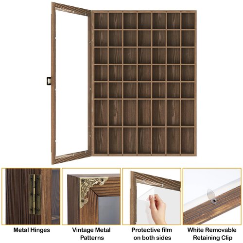 usego Shot Glass Display Case with Door 49 Slots Rustic Shot Glasses Storage Case Wall Mounted Shot Glass Shelf Holder Wooden Display Box with Hinged Acrylic Door,Brown