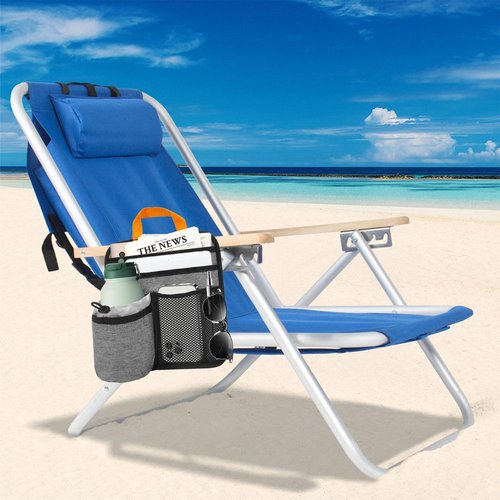 BOHEMIABY Beach Chair Cup Holder Attachment with Insulated Sleeve & 5 Pockets, Adjustable Armrest Organizer Caddy for Lawn Chairs, Camping, Stadium, Office (Grey)