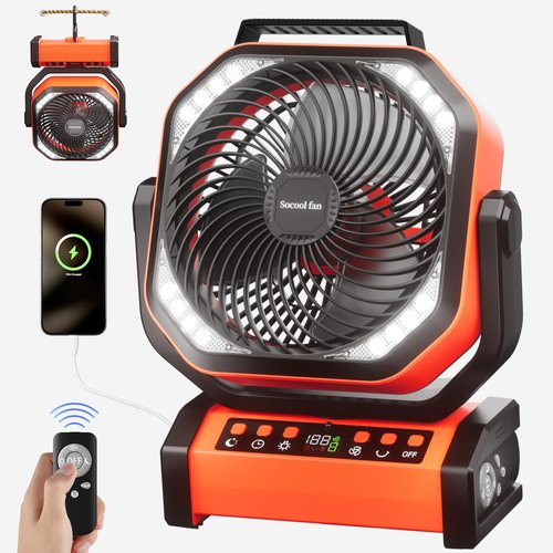 Socool Camping Fan with Light - 20000mAh Rechargeable Battery Fan with Remote, 112Hrs & 8 Speeds, Digital Display, Timer, Auto Oscillation, 270° Pivot & Hook for Outdoor Tent, Hurricane, Power Outage