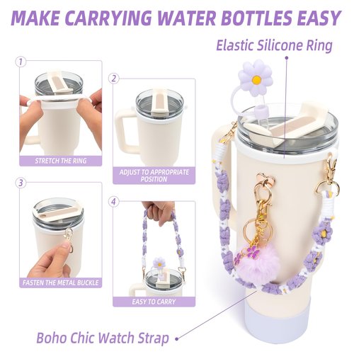 EIOAUY Cup Accessories Set for Stanley Cup 30oz 40oz Tumbler with Handle - Including Water Bottle Handle Strap, Boot, Keychain Charms, Straw Topper Cover Cap for Stanley - Purple