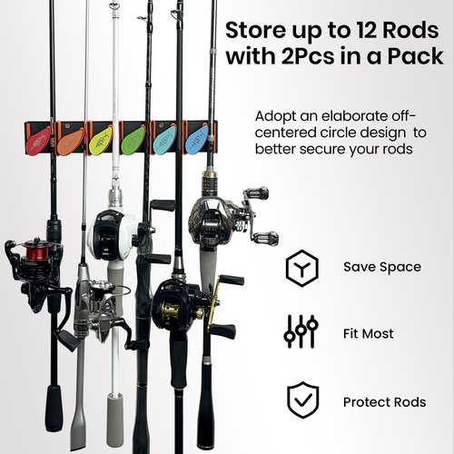 Pristis 2pcs Fishing Rod Racks, Fishing Rod Holders 6-12 Rods or Combos, Wall Mounted Fishing Rod Hanger for Garage, Can be Installed Vertically or Horizontally, Fit Most Rods of Diameter 2-24mm