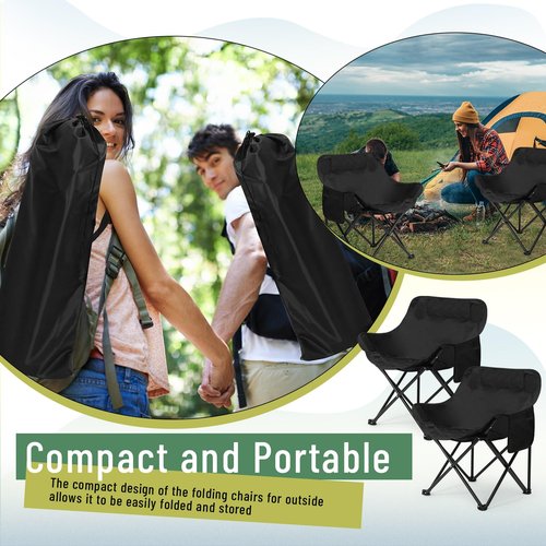 Seeloowy 2 Pack Compact Camping Chairs Portable Folding for Outside with Carry Bag Lightweight Moon Chairs for Travel Picnic Hiking Beach Fishing, 600D Oxford, Supports 330lbs(Black)