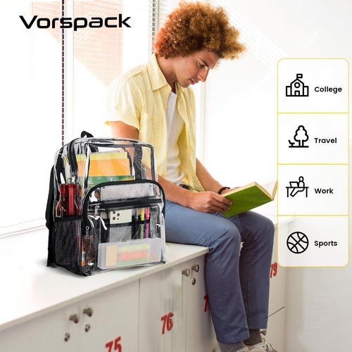 Vorspack Clear Backpack Heavy Duty - Clear Bookbag Large See Through Backpack Plastic Transparent Backpacks for College Work Travel - Black(2 Pack)