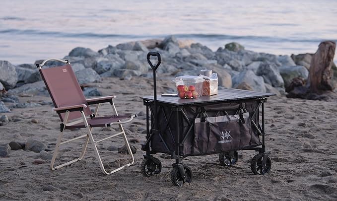 Whitsunday Folding Collapsible Utility Wagon, 400Lbs Heavy Duty Outdoor Park Beach Wagon with Table and Side Pocket for Garden Camping Sports Shopping Green