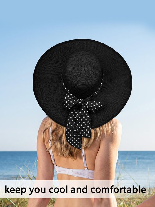 Senker Fashion Sun Hats for Women, Wide Brim Floppy Beach Straw Hat for Summer Travel Vacation Foldable with Sunglasses Black