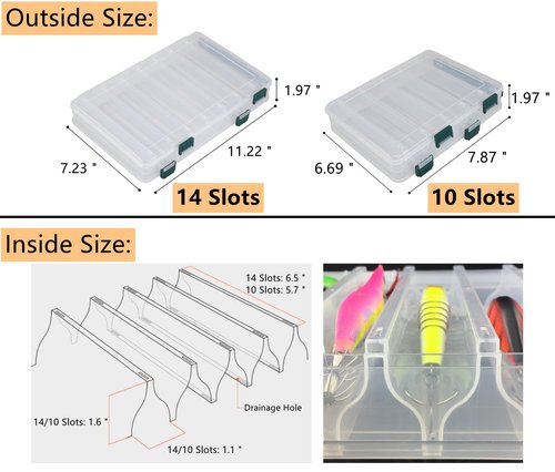 Double-Sided Fishing Lure Hook Tackle Box Visible Hard Plastic Clear Fishing Lure Bait Squid Jig Minnows Hooks Accessory Storage Case Container (Clear-14 Slots 2Pcs)