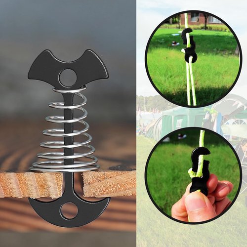 Zreneyfex 10 Pcs Deck Anchor Pegs Tent Stakes Large Size 55mm, Tent Pegs Anchors Aluminum Alloy Fishbone Spring Hooks Tent Stakes with Spring Buckle, Portable Wind Rope Anchor, Black