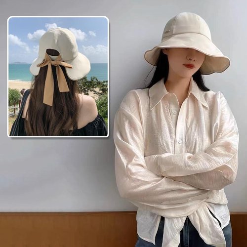 huablo Wide Brim Hats for Woman Foldable Hats Sun Hats for Women uv Protection Bowknot Fishing hat Adjustable hat with Ponytail Hole Beige