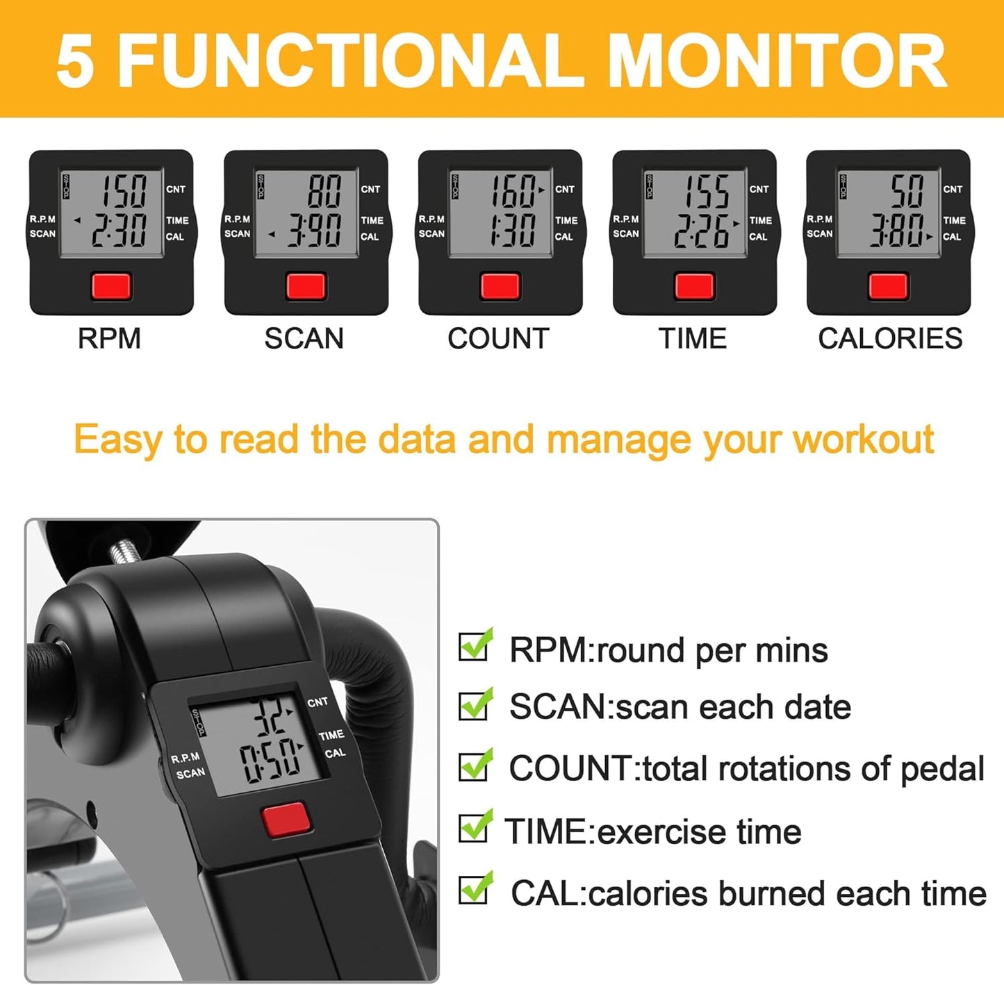 MOMODA Under Desk Pedal Exerciser Mini Bike for Leg/Arm - Foldable Peddler with LCD Display for Home/Office