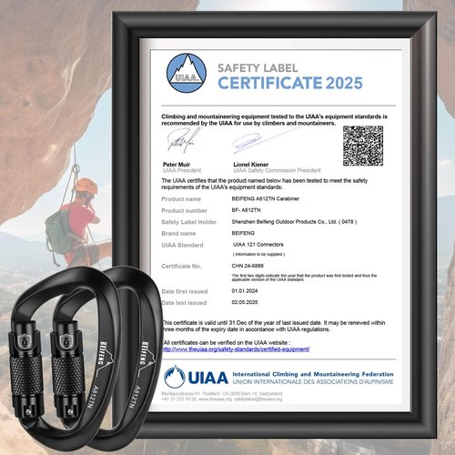 BEIFENG Auto Locking Climbing Carabiner, 25KN Black Twist Lock Heavy Duty Carabiner, UIAA Certified D-Type Large Suitable for Climbing, Rappelling, Rescue, Hammock, Swing etc