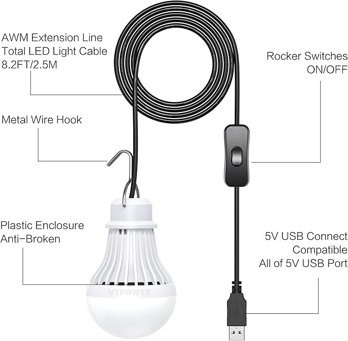 2 Pack USB LED Camping Light 5W, Portable LED Bulb for Garage Warehouse Car Truck Fishing Boat Outdoor Emergency Light Children Bed Room White
