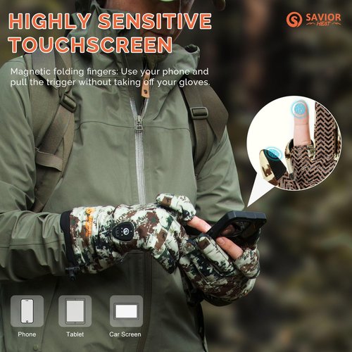 SAVIOR HEAT Heated Gloves for Hunting, Camouflage Touchscreen Gloves for Men Women, Fishing, Shooting, Cold Weather (Rock, M/L)