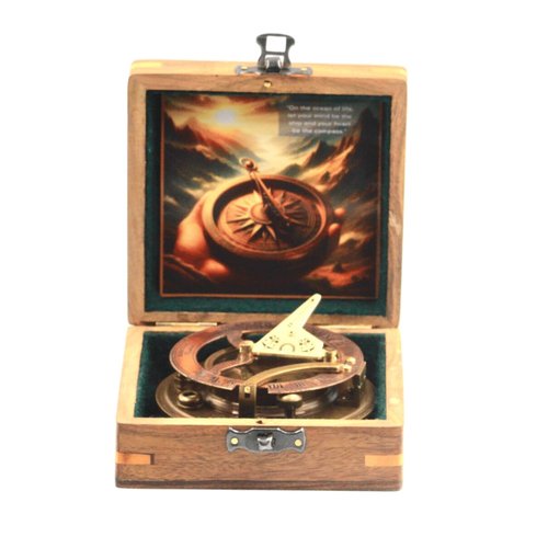 Gilbert and Sons Antique Brass Sundial Compass with Engraved Wooden Case