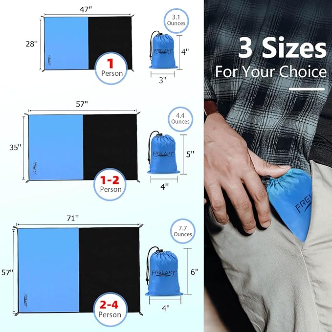 Frelaxy Pocket Picnic Blanket, Waterproof Beach Blanket, Compact Camping Blanket, Lightweight Outdoor Blanket for Beach Festival Camp Picnic Hiking Travel (Blue, 28'' x 47'')