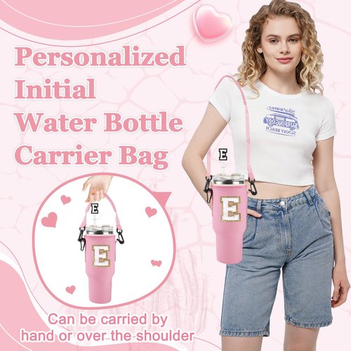 Personalized Initial A-Z Water Bottle Holder Bag for Stanley 40oz Tumbler, Initial Water Bottle Carrier Bag with Strap, 2 Straw Cover Cap &2 Letter Chains for Stanley Cup Accessories(Pink-White E)