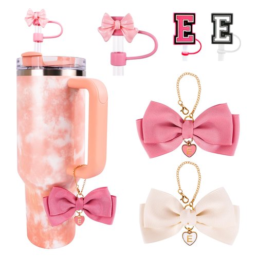 WINOWIMO 2PCS Bow Letter Charms, 3PCS Initial Pink Bow & Letter Straw Cover Caps for Stanley Cup 30 & 40Oz, Charms Decorations for Tumbler Handle, Straw Toppers for Stanley Cup Accessories Set (E)