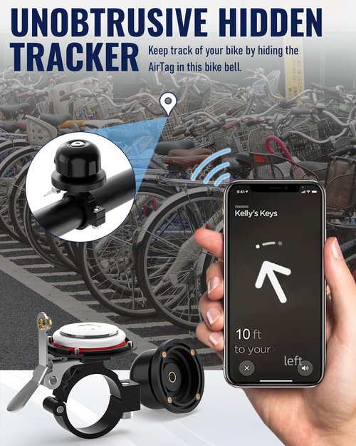 VICTGOAL Bike Bell for Airtag Bike Mount Hidden Holder Anti-Theft Tracker Case Ring Bicycle Bell for Handlebars Adult Mountain Road Bikes (Black)