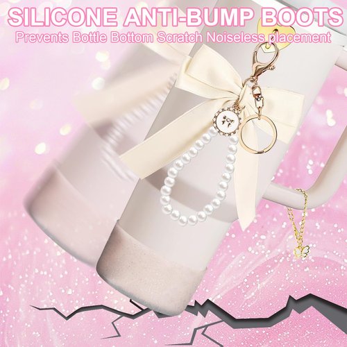 Yivioep Stanley Cup Accessories Bow Set, Including Silicone Straw Topper, Portable Handle Strap, Protective Boot, Bow Keychain, Butterfly Charms for 30 OZ and 40 OZ Stanley Tumblers