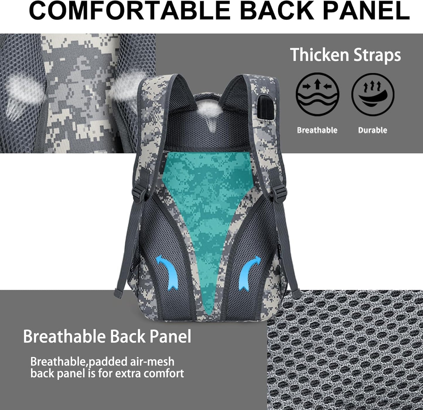 outdoor plus Camo Backpack,Military Boys Backpacks for School,40L Army Bookbag with USB Charging Port Waterproof
