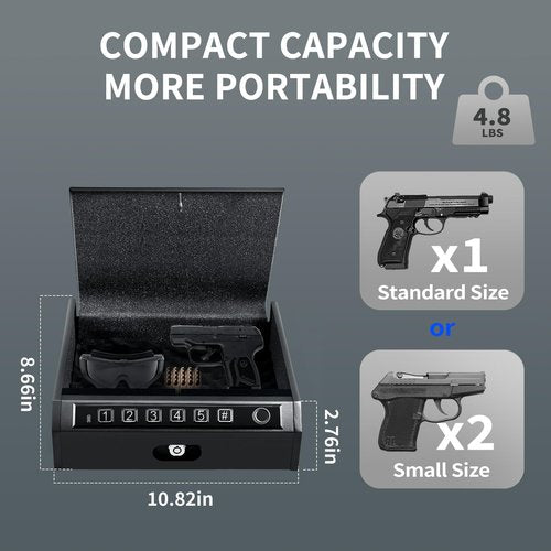ADIMO Biometric Gun Safe for Handguns, Quick Access Fingerprint Pistol Safe with Backlit Keypad & Keys, Silent Mode, Fits 1 Full-Size or 2 Compact Pistols, for Nightstand, Car or Drawer Use