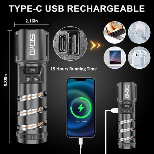 Siuyiu Flashlights High Lumens, 2-in1 Camping Lantern 2000 Lumens, 8 Modes Outdoor Camping Flashlight Rechargeable, Zoomable IPX65 Waterproof Flashlight for Home Emergency