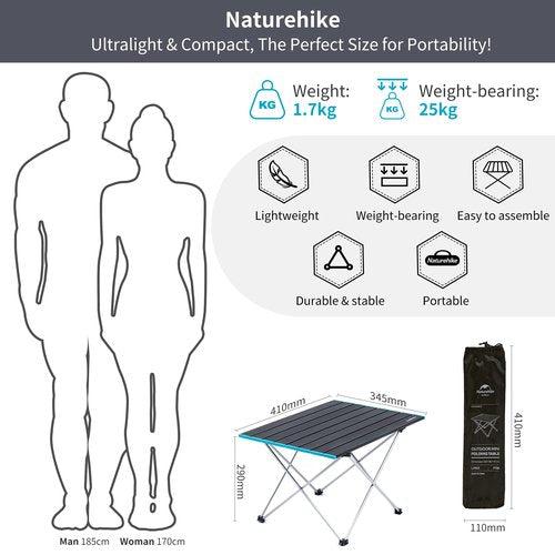Naturehike FT08 Portable Camping Table, Ultralight Aluminum Folding Beach Table with Carry Bag for Outdoor Cooking, Picnic, Camp, Boat, Travel