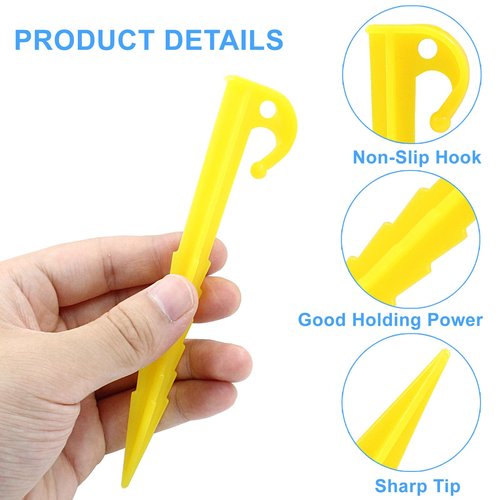 Moicstiy 12 Pack Plastic Tent Stakes, 5.7 Inch Yellow Serrated Edges Durable Garden Landscape Stakes Tent Spikes Hook for Camping, Gardening, Outdoor Beach