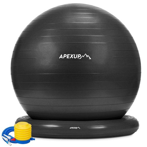 APEXUP Yoga Ball Chair, Exercise Ball Chair with Base for Office, Anti Slip Stability Ball Fitness Ball Seat, Home Gym Workout Ball, Balance Ball with Pump (Black, L)