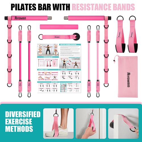Resistance Bands with Cuffs, Pilates Bar Kit with Resistance Bands, Ankle Bands for Working Out, Pilates Workout Equipment for Legs, Hip, Waist, Arm, Squats Exercise Equipment for Home Workouts
