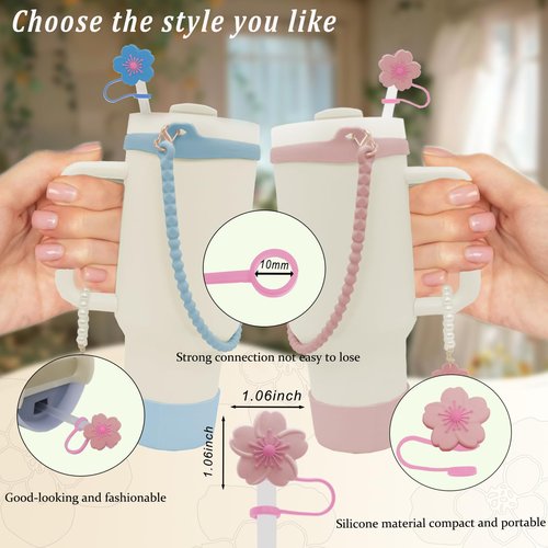 XIANGYUAN 6 Pcs Stanley Cup Accessories for Stanley Cup 40oz or 30oz,Includes Unique 10mm Flower Letter Straw Toppe,Water Bottle Handle Strap,Bottom Protector(Pink Flower)