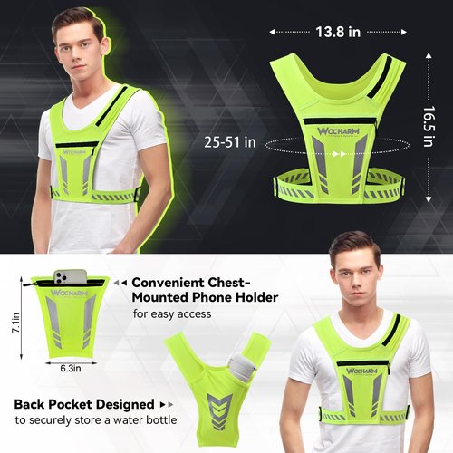 Reflective Vest Chest Phone Holder, Adjustable Hydration Training Workout Gear for Nighttime Running Biking Motorcycle Dog Walking (Fluorescent green)