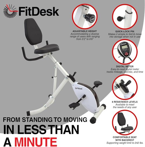 FitDesk Adjustable Exercise Bike Desk - Digital Monitor, 8 Resistance Levels, Foldable, Supports 242 lbs, White