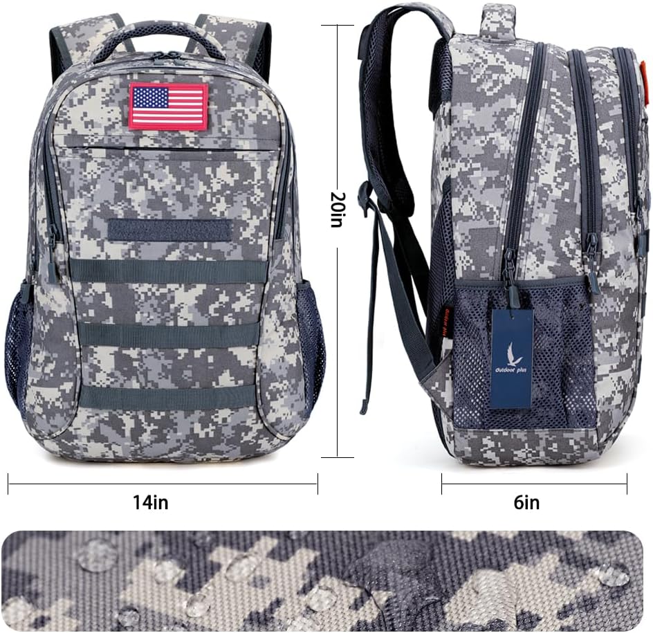 outdoor plus Camo Backpack,Military Boys Backpacks for School,40L Army Bookbag with USB Charging Port Waterproof