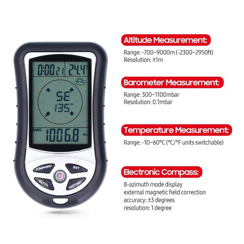 Kodrily Digital Altimeter, Digital Compass, Hiking Thermometer, Barometer 8 in 1 for Hiking Outside -2300 to 29500FT 1100MBAR, 300mbar to 1100mbar