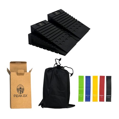 Peak EX Squat Wedge Block - 2 Pcs Heel Elevated Squat Wedges with 5 Resistance Bands | Workout, Weightlifting, Calf Stretcher | Exercise Foot Wedges for Squats and Yoga | Slant Board for Squats