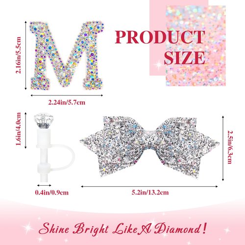 Lingdeer Water Bottle Accessories Set for Stanley Cup 30&40Oz, Bling Letter Charms, Diamond Straw Cover, Glitter Silicone Boot, Personalized Sticker, Bow Straw Topper for Stanley Cup Accessories (M)