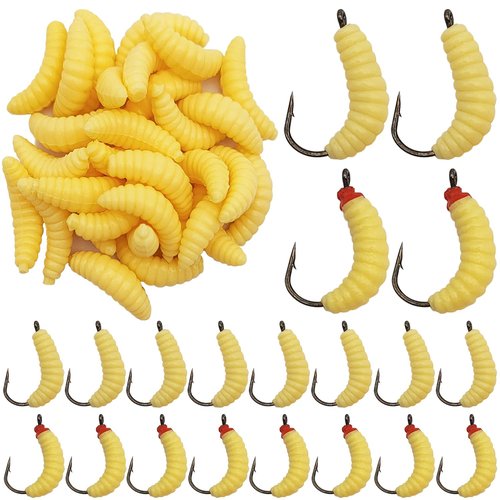50 Pcs Rubber Maggots Fishing Bait, 20 Pcs Fishing Bait with Hooks + 30p Soft Maggot Bait Bread Worm, Fish Lures Worms Bulk Fishing Grubs for Trout, Crappie, Pan Fish, Bluegill, Fishing Lure Set