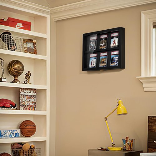TJ.MOREE Card Display Case Baseball Card Display Case 6 Graded Sport Card Display Case Wall Mount for Baseball Football Basketball Hockey Trading Card Collection, Black