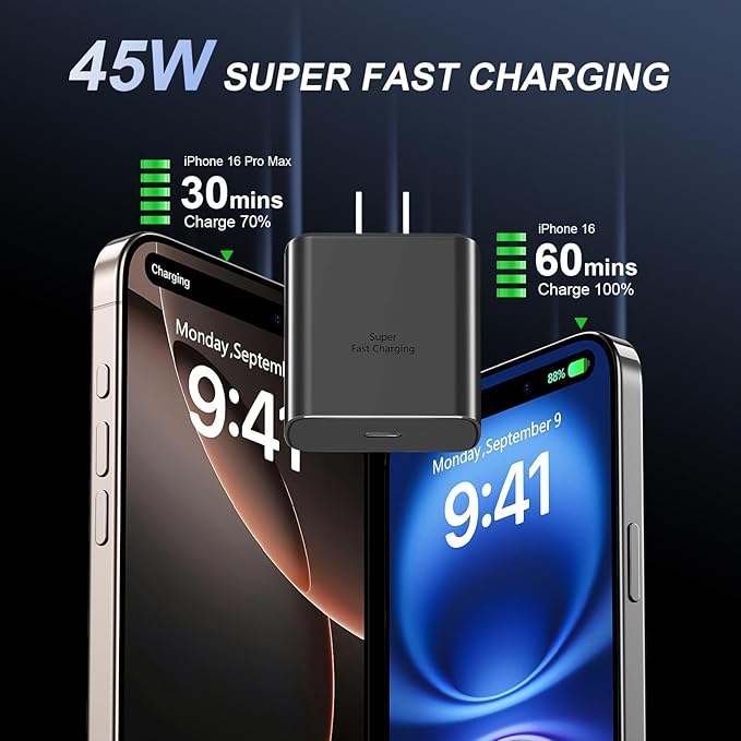 Phone 16 Pro Max Charger Fast Charging, 45W USB C Phone 16 Super Fast Charger Block with 10ft Long Type C Charging Cable Cord for Phone 16/16 Pro/16 Pro Max/16 Plus, 15/15 Pro Max/Pro/Plus, Black