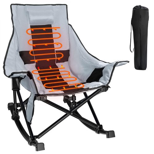 Slendor Oversized Rocking Camping Chair, Heated Camping Chair with 3 Heat Levels, Portable Outdoor Rocker Chair, High Back, Pillow, Carry Bag, Padded, Supports 330 lbs, Grey
