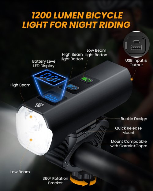 ONVIAN Super Bright Bike Lights for Night Riding, 1200 Lumen Bike Headlight -13 Modes & Aluminum Alloy, 5000mAh Rechargeable Bicycle Lights for Mountain Road Commuter Cycling, IPX5 Waterproof