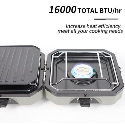 2 Burner Propane Camping Stove with Grill - CloudHand Foldable Camp Stove with 16,000 BTU, Two Adjustable Burners with Piezo Ignition & Easy Carrying Handle Grey
