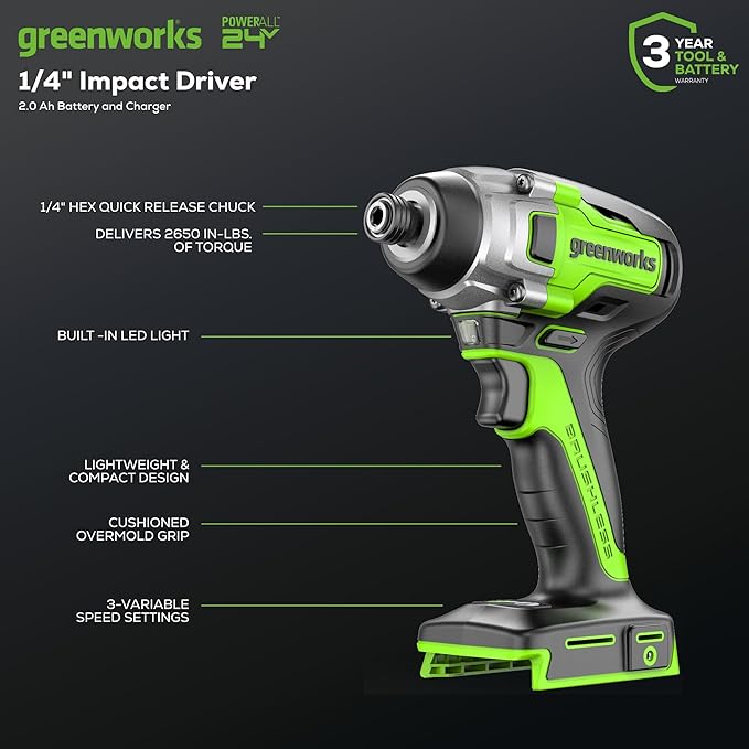 Greenworks 24V Brushless 2 pcs Cordless Power Tool Combo Kit, 2650 in-lbs Impact Driver and 530 in-lbs Hammer Drill, with 2 x 2Ah Batteries and 2 chargers