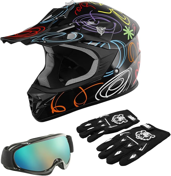 TCT-MOTORPARTS DOT Youth Kids Motocross ATV Helmets Offroad Street Dirt Bike Go-Kart BMX MX Full Face Helmet Black w/Graffiti Medium Size