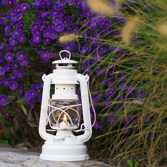 Outdoor Kerosene Fuel Lantern, German Made Weather Resistant Baby Special 276 Galvanized Hurricane Lamp for Camping or Patio, 10 Inches, White