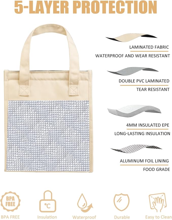 Fmeida Insulated Lunch Bag Women, Simple Lunch Tote Bags, Waterproof Thermal Cooler Lunch Bag, Reusable Adult Lunch Box Bag for Women | Small Beige, Front&Side&Interior Pockets