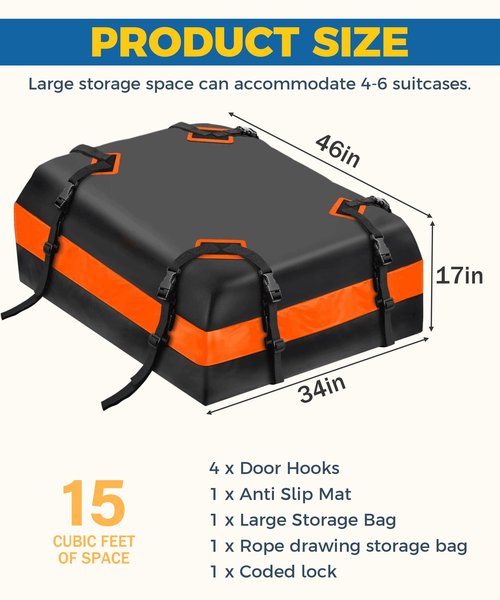 UBOG 15 Cubic Feet Roof Rack, Rooftop Cargo Carrier, Soft-Shell Carriers with Anti-Slip Mat for All Cars with/Without Rack